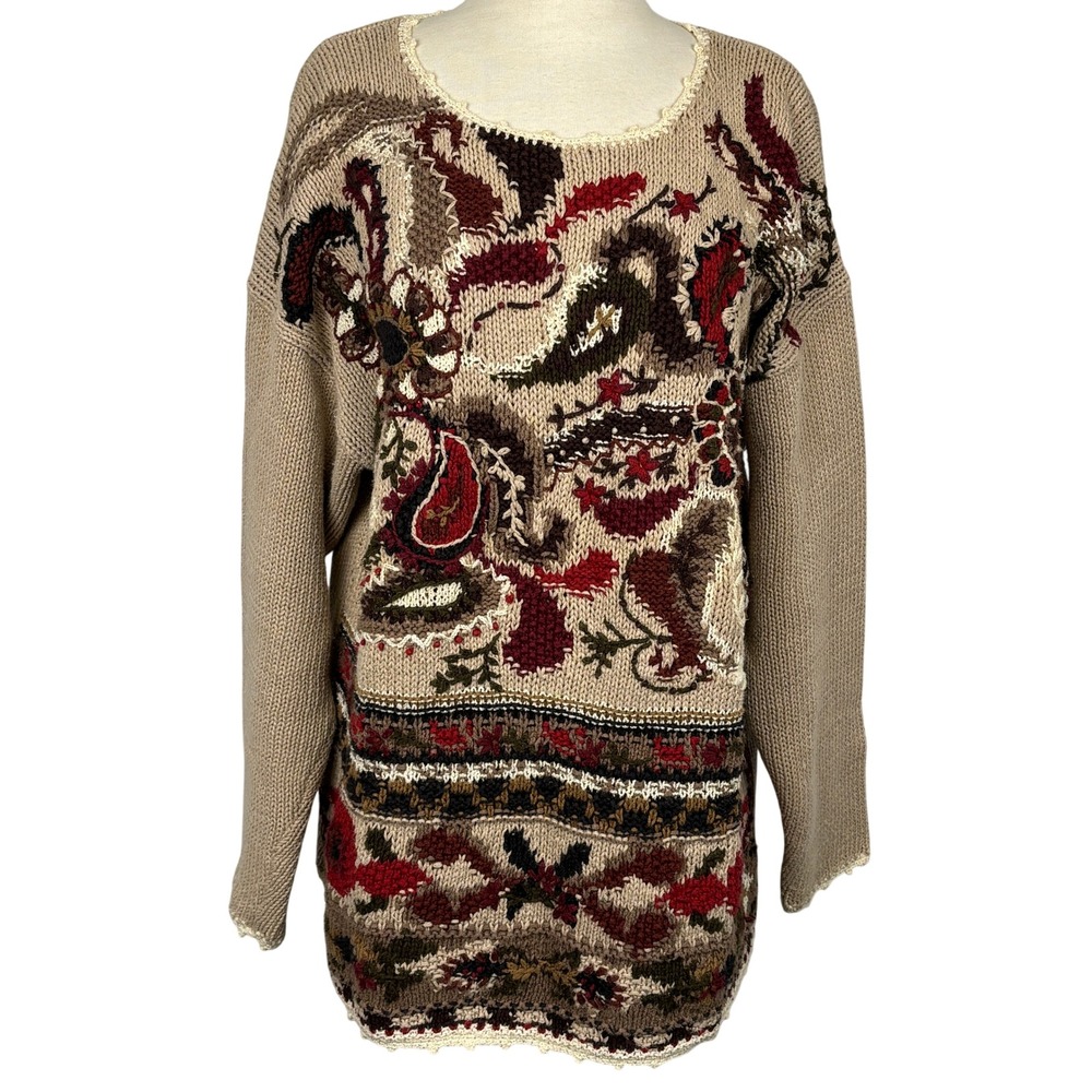 Vintage Boho Embroidered Knit Sweater L Approx Oversized Folk Artwear
